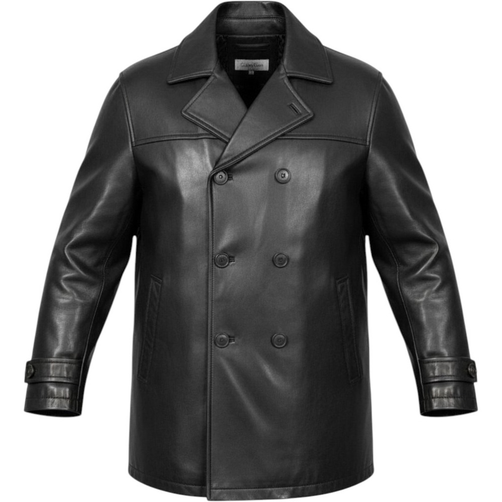 Calvin Klein Leather Pea Coat Mens XL Black Double Breasted Quilted Luxury Urban